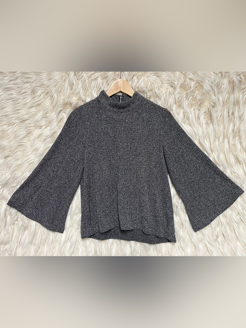 ZARA Metallic Gray Bell Sleeve Knit Top Half Zip Statement Sweater S